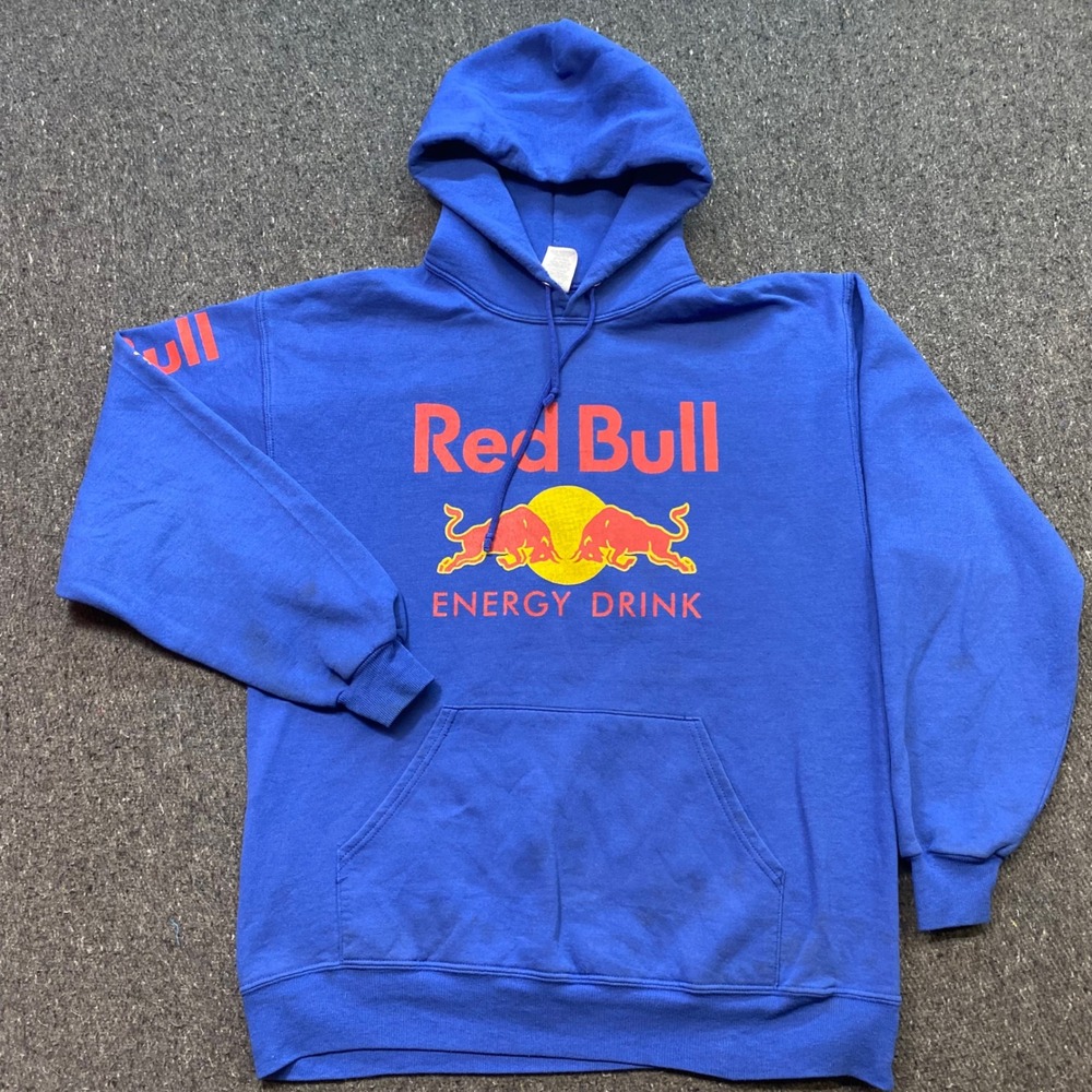 Red Bull Hoodie Sz L Mens Blue Skater Grunge Graphic Pullover Sweatshirt